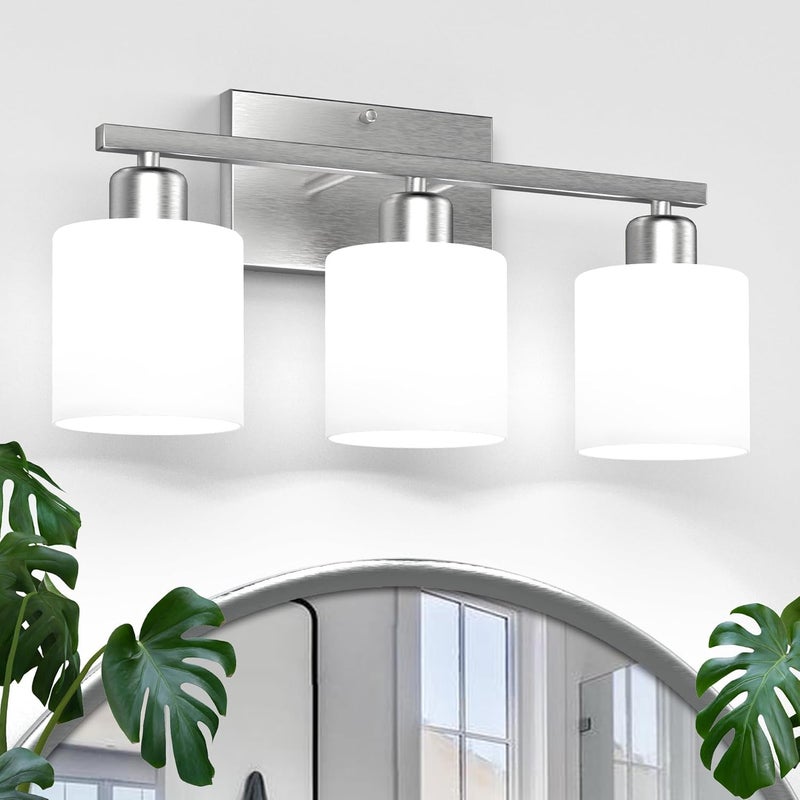 Dekang Bathroom Light Fixtures Over Mirror Brushed Nickel, Rustproof 3-Light Bathroom Vanity Lights, 18 Inches Modern Wall Sconces E26 Base, Milky White Glass Shades, Bulbs Not Included - Image 1